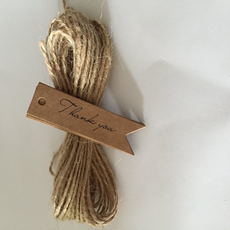Etichete de cadouri din kraft paper Thank you, mici stegulețe pentru ambalare, 100 buc pe pachet, cu sfoară de cânepă