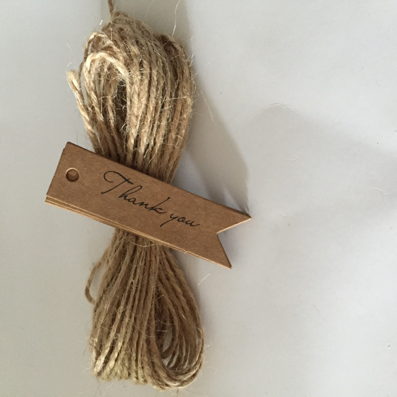 Etichete de cadouri din kraft paper Thank you, mici stegulețe pentru ambalare, 100 buc pe pachet, cu sfoară de cânepă