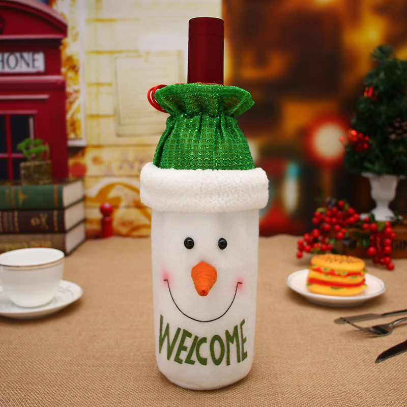 Sac de vin decorativ de Crăciun cu personaje desen animate: Moș Crăciun, om de zăpadă și ren, imprimare serigrație, închidere cu șnur.