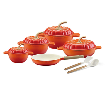 Set de 9 vase de gătit, oale turnate din aluminiu, cu strat antiaderent marmorat, în design dovleac