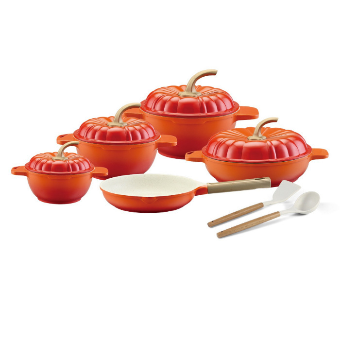Set de 9 vase de gătit, oale turnate din aluminiu, cu strat antiaderent marmorat, în design dovleac