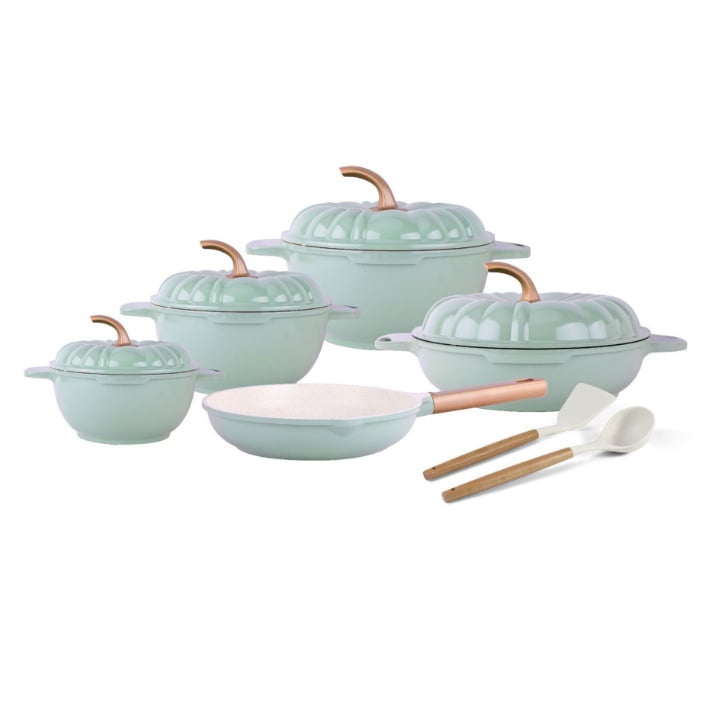 Set de 9 vase de gătit, oale turnate din aluminiu, cu strat antiaderent marmorat, în design dovleac