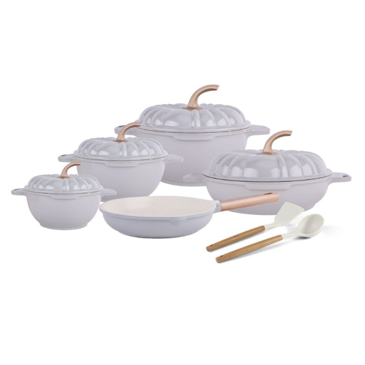 Set de 9 vase de gătit, oale turnate din aluminiu, cu strat antiaderent marmorat, în design dovleac
