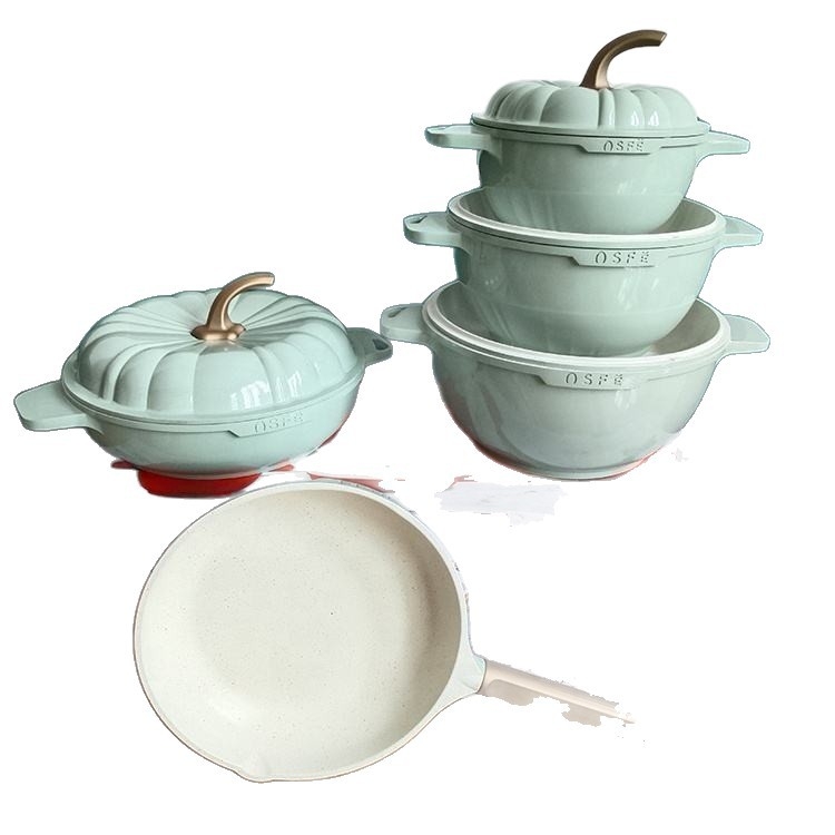 Set de 9 vase de gătit, oale turnate din aluminiu, cu strat antiaderent marmorat, în design dovleac