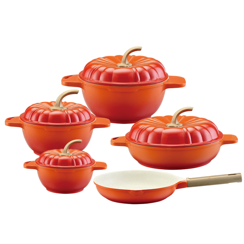 Set de 9 vase de gătit, oale turnate din aluminiu, cu strat antiaderent marmorat, în design dovleac