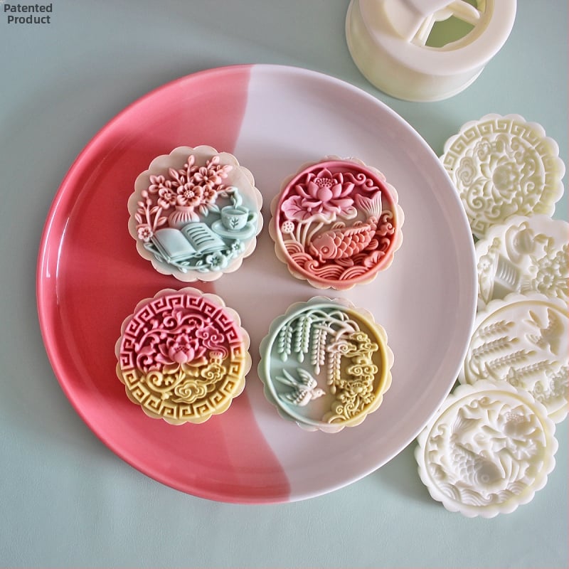 Forme Mooncake 125g/150g/200g - Stil tradițional chinezesc, model floral, păsări și koi, matriță de copt manuală