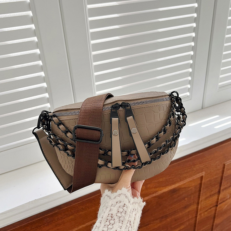 Geantă de talie pentru femei, curea lată și detaliu cu lanț, geantă crossbody în stil coreean