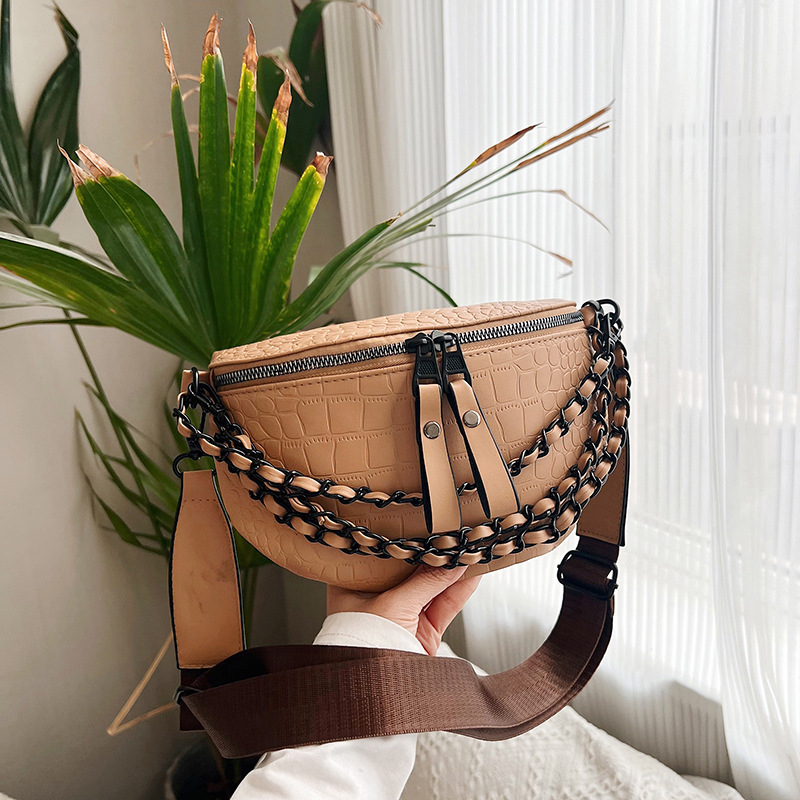 Geantă de talie pentru femei, curea lată și detaliu cu lanț, geantă crossbody în stil coreean