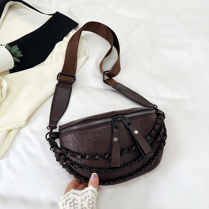 Geantă de talie pentru femei, curea lată și detaliu cu lanț, geantă crossbody în stil coreean