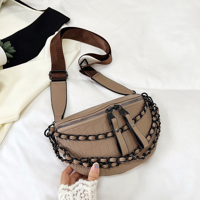 Geantă de talie pentru femei, curea lată și detaliu cu lanț, geantă crossbody în stil coreean