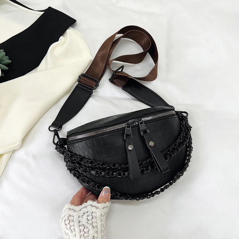 Geantă de talie pentru femei, curea lată și detaliu cu lanț, geantă crossbody în stil coreean