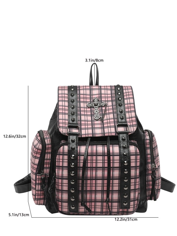 Rucsac retro Y2K, în carouri roz-negru, cu știfte metalice și decor cruce, capacitate mare
