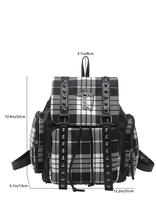 Rucsac retro Y2K, în carouri roz-negru, cu știfte metalice și decor cruce, capacitate mare