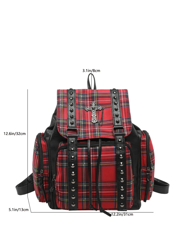 Rucsac retro Y2K, în carouri roz-negru, cu știfte metalice și decor cruce, capacitate mare