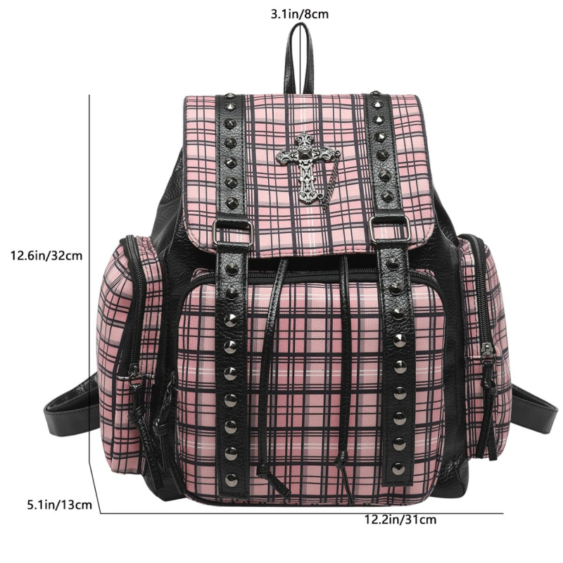 Rucsac retro Y2K, în carouri roz-negru, cu știfte metalice și decor cruce, capacitate mare