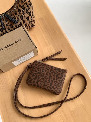 Geantă mini pentru gât, imprimeu leopard, portofel pentru ruj și monede, formă pătrată, toamnă 2024