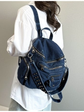 Rucsac din denim cu ținte metalice, versatil pentru studenți, capacitate 20–35 L, compatibil cu laptop de 15 inchi, curele respirabile