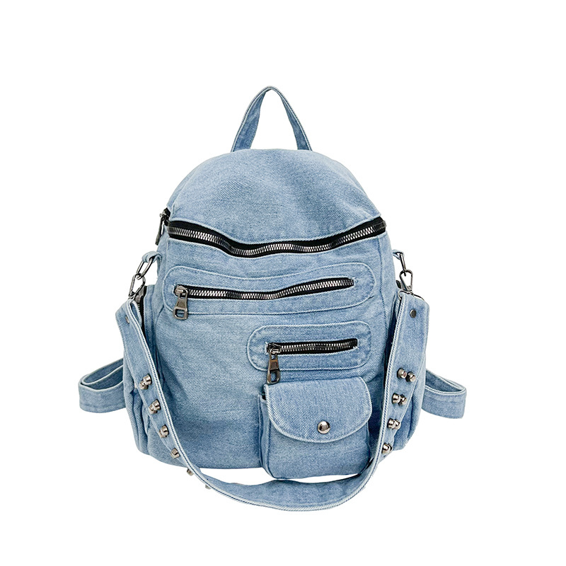 Rucsac din denim cu ținte metalice, versatil pentru studenți, capacitate 20–35 L, compatibil cu laptop de 15 inchi, curele respirabile