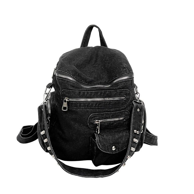 Rucsac din denim cu ținte metalice, versatil pentru studenți, capacitate 20–35 L, compatibil cu laptop de 15 inchi, curele respirabile