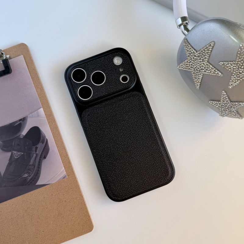 Funda pentru iPhone 15–17 Pro/Max cu textură Lychee de piele și fereastră mare, culoare solidă, finisaj mat