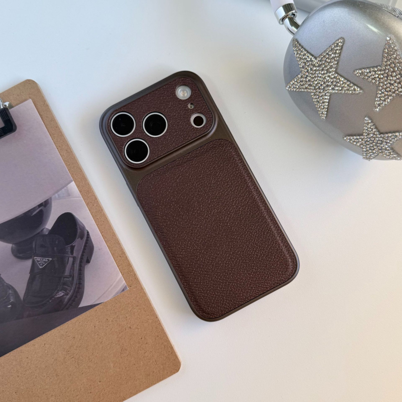 Funda pentru iPhone 15–17 Pro/Max cu textură Lychee de piele și fereastră mare, culoare solidă, finisaj mat