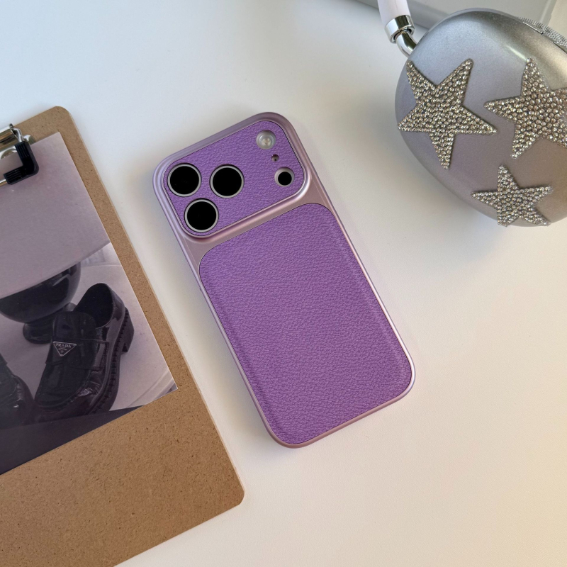 Funda pentru iPhone 15–17 Pro/Max cu textură Lychee de piele și fereastră mare, culoare solidă, finisaj mat
