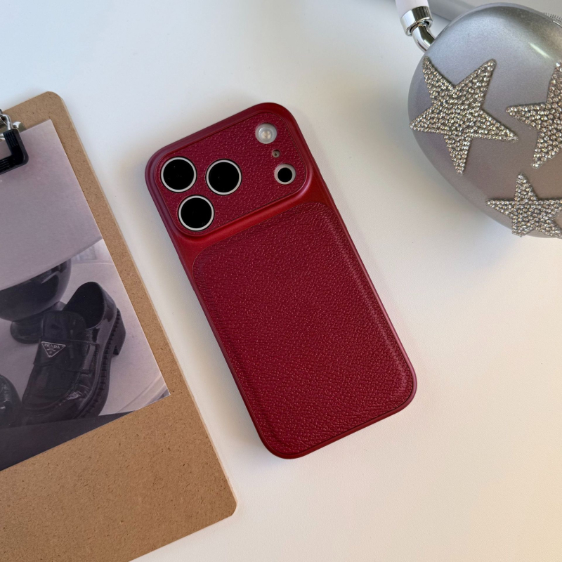 Funda pentru iPhone 15–17 Pro/Max cu textură Lychee de piele și fereastră mare, culoare solidă, finisaj mat
