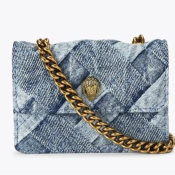 Geantă mini crossbody cu motiv cap de vultur, quilt diamant în culori contrastante, curea din lanț, buzunar pentru ruj și carduri.