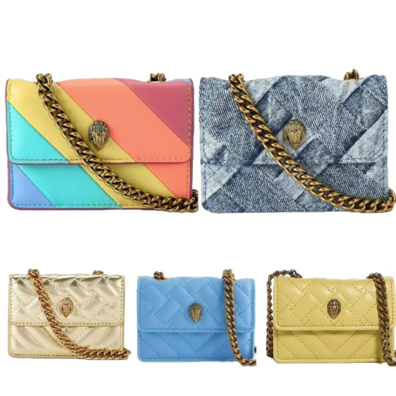 Geantă mini crossbody cu motiv cap de vultur, quilt diamant în culori contrastante, curea din lanț, buzunar pentru ruj și carduri.