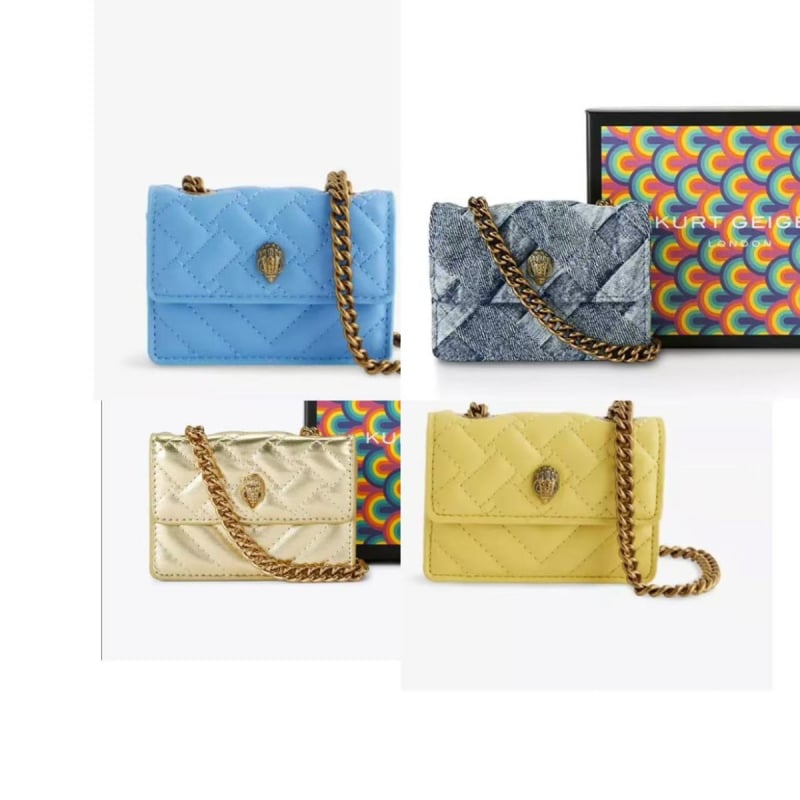 Geantă mini crossbody cu motiv cap de vultur, quilt diamant în culori contrastante, curea din lanț, buzunar pentru ruj și carduri.