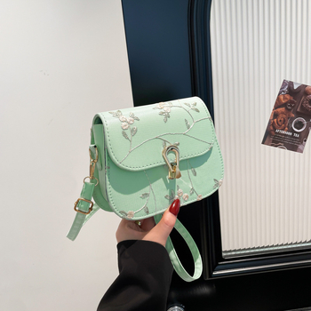 Geantă de damă tip saddle, broderie florală din dantelă, stil minimalist casual, curea crossbody, PU, vara 2025