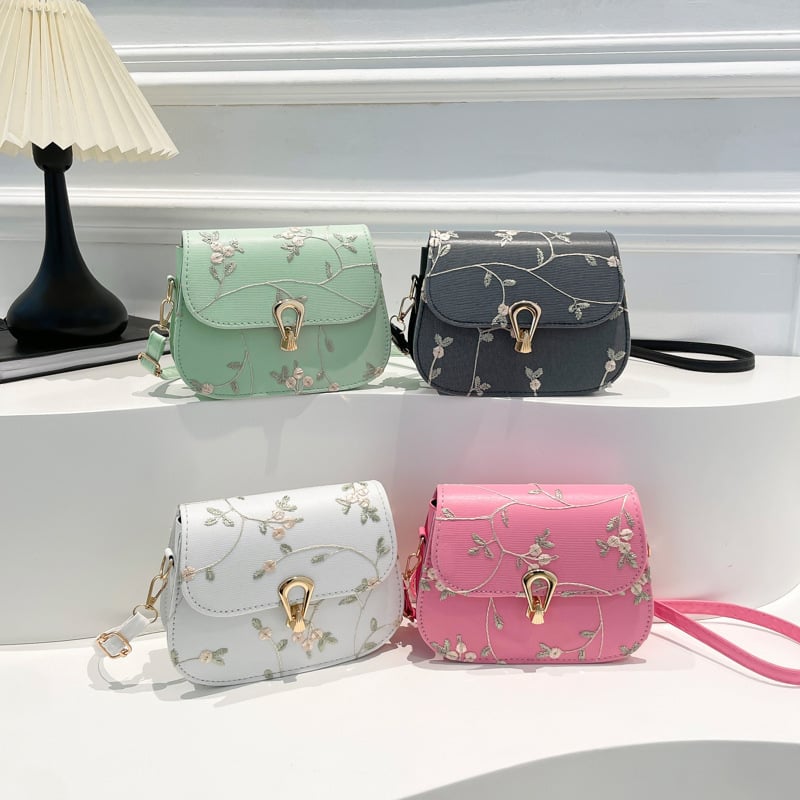 Geantă de damă tip saddle, broderie florală din dantelă, stil minimalist casual, curea crossbody, PU, vara 2025