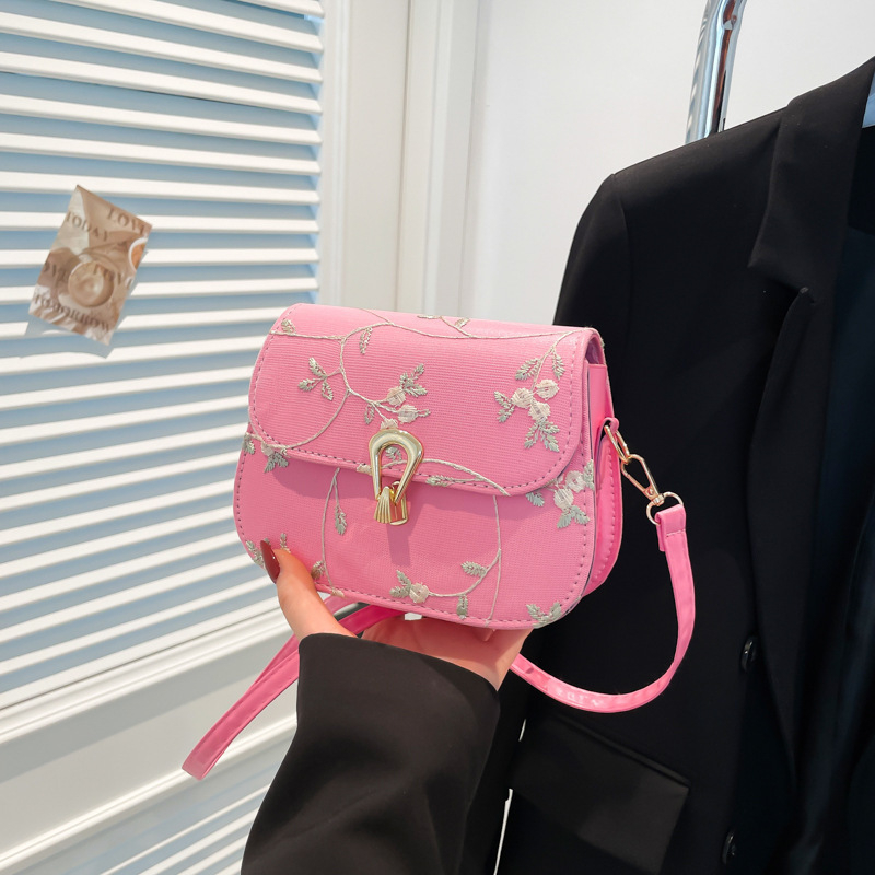 Geantă de damă tip saddle, broderie florală din dantelă, stil minimalist casual, curea crossbody, PU, vara 2025