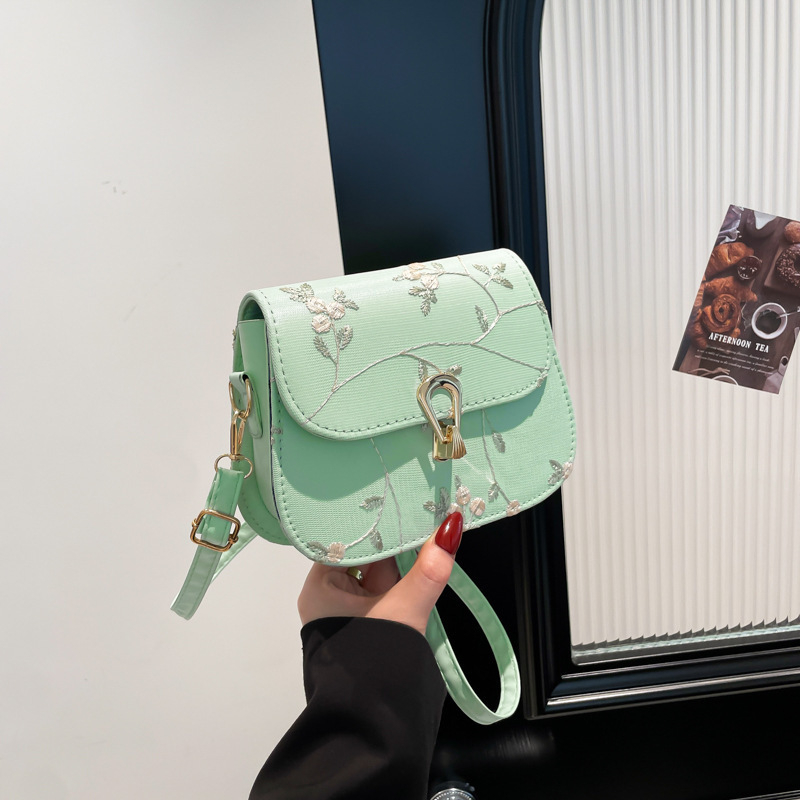 Geantă de damă tip saddle, broderie florală din dantelă, stil minimalist casual, curea crossbody, PU, vara 2025