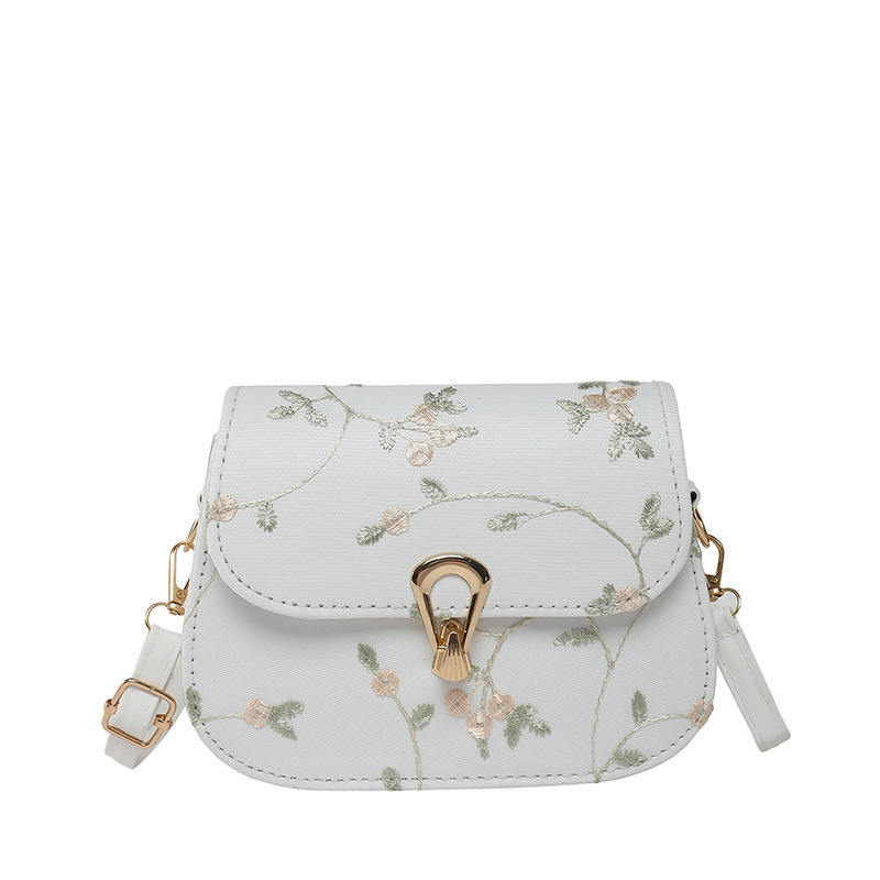 Geantă de damă tip saddle, broderie florală din dantelă, stil minimalist casual, curea crossbody, PU, vara 2025