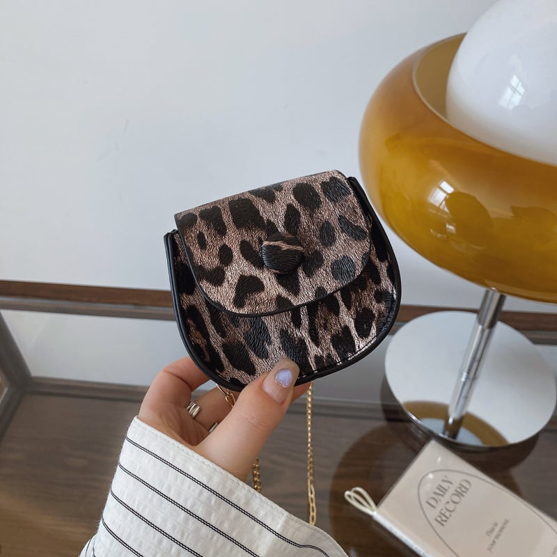 Geantă mică pentru femei, primăvară-vară 2025, culoare în contrast, curea cu lanț pentru umăr, crossbody, imprimeu leopard, geantă tip șa