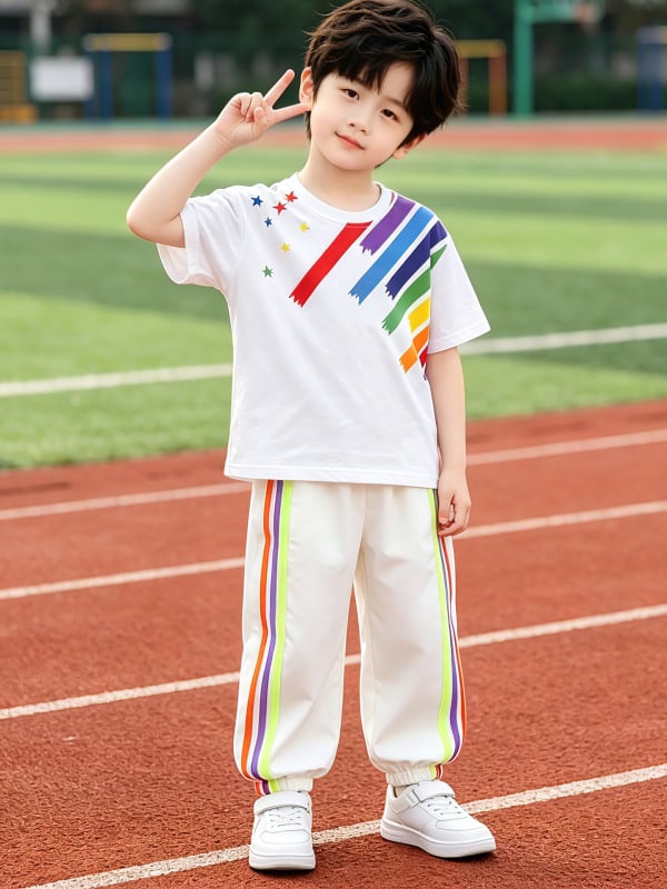 Costum de cheerleading pentru Ziua Copilului, set de vară din două piese cu temă curcubeu, uniformă școlară pentru ziua sportului la școala primară