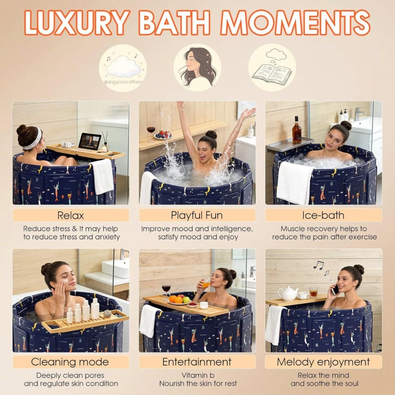 Cadă de baie pliabilă pentru adulți, portabilă, design multistrat îmbunătățit
