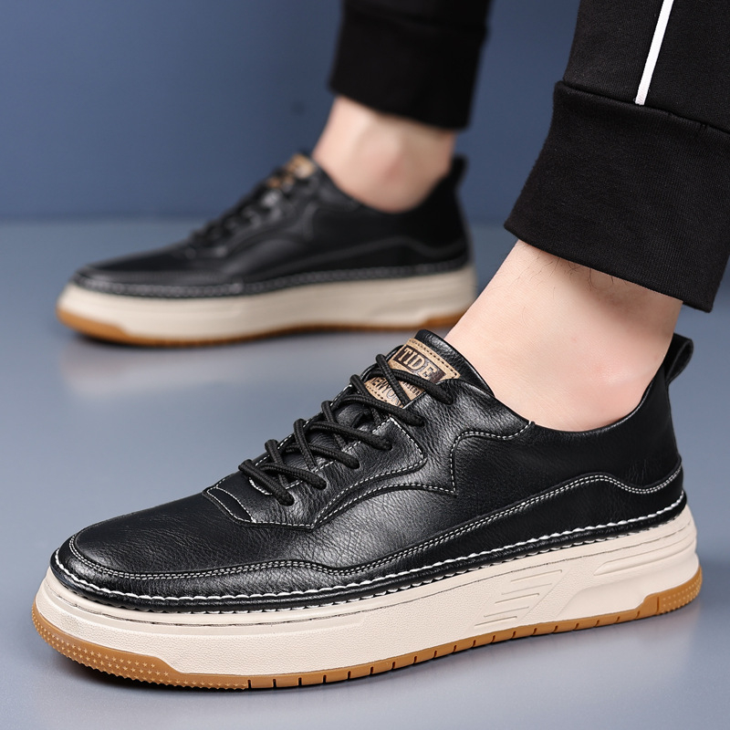 Pantofi din piele pentru bărbați, stil britanic casual, negri, talpă groasă, toamna 2024