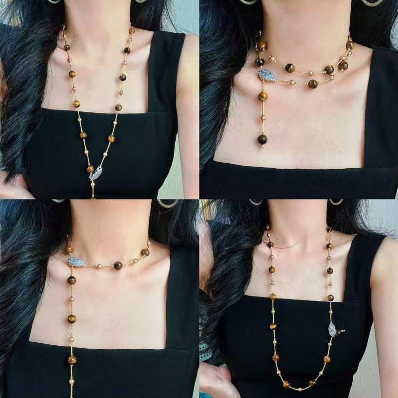 Colier natural cu piatră ochi de tigru, perle Shijia, lanț clavicular, stil Maillard, pentru femei