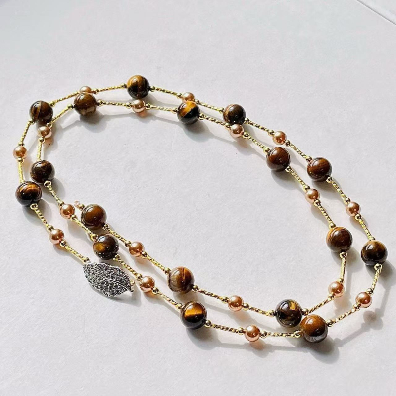 Colier natural cu piatră ochi de tigru, perle Shijia, lanț clavicular, stil Maillard, pentru femei