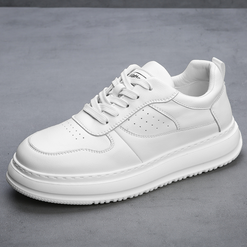 Sneakers albe din piele naturală pentru bărbați, respirabile, talpă groasă pentru înălțime, casual, toamnă 2025
