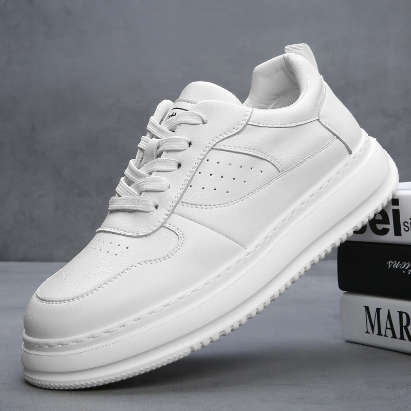 Sneakers albe din piele naturală pentru bărbați, respirabile, talpă groasă pentru înălțime, casual, toamnă 2025