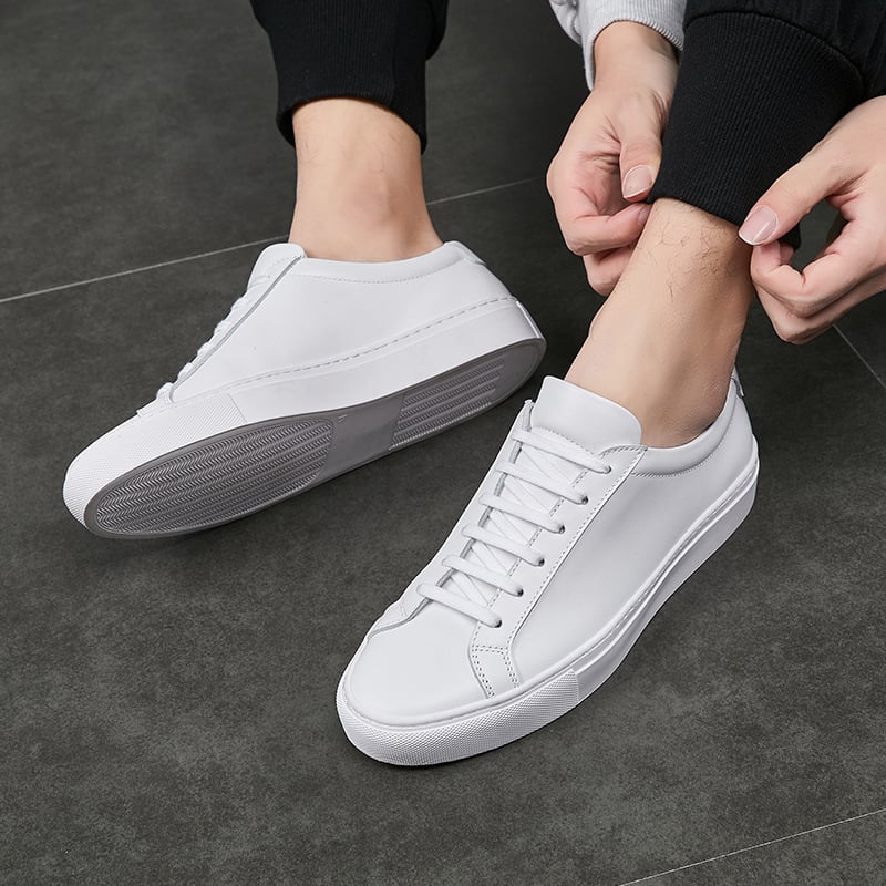 Pantofi sport albi din piele, respirabili pentru bărbați, stil coreean, talpă plată, casual