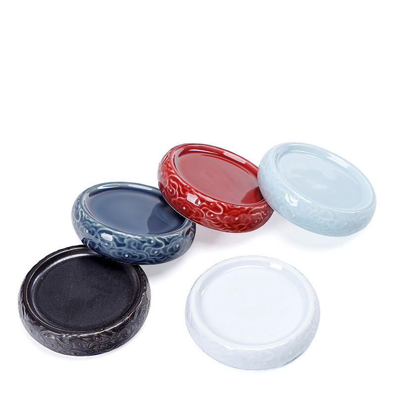 Set ceramic pentru ceremonial ceai în stil chinezesc, cu capac de ceainic în relief retro și suport pentru ceașcă cu farfurioară izolantă