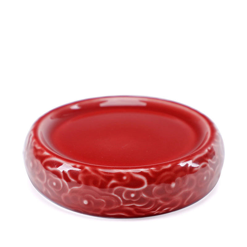 Set ceramic pentru ceremonial ceai în stil chinezesc, cu capac de ceainic în relief retro și suport pentru ceașcă cu farfurioară izolantă