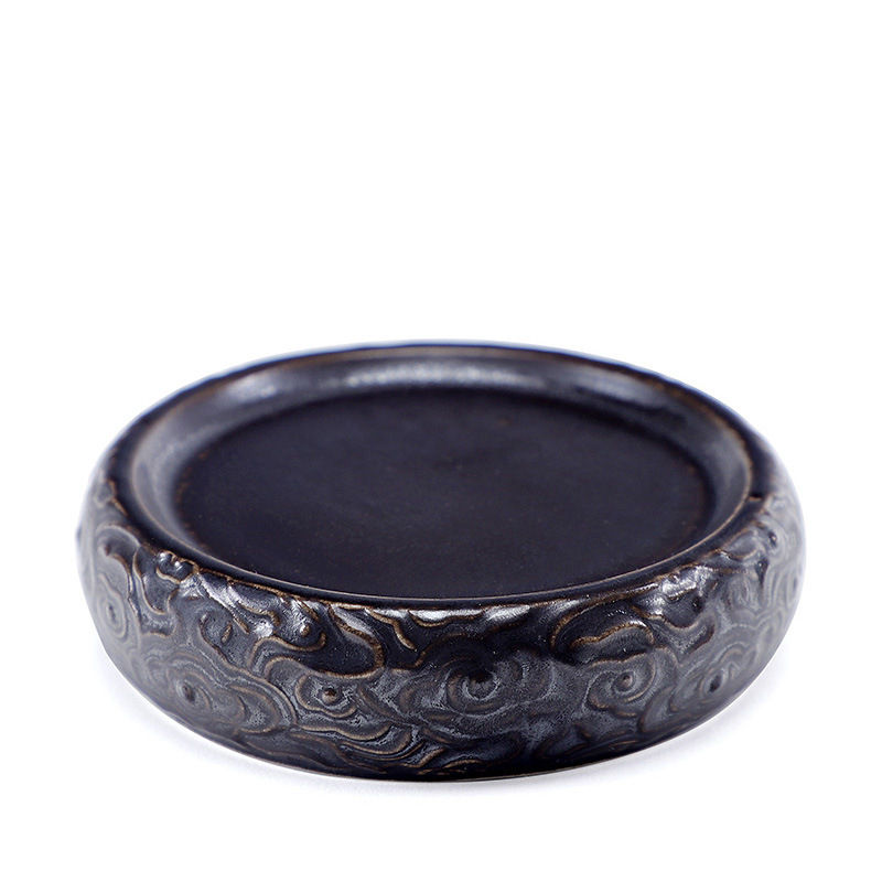 Set ceramic pentru ceremonial ceai în stil chinezesc, cu capac de ceainic în relief retro și suport pentru ceașcă cu farfurioară izolantă
