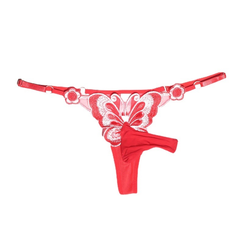Tanga sexy pentru bărbați, broderie cu fluture, reglabilă, talie joasă, mărime mare.