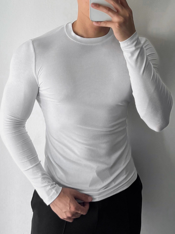 Tricou bărbați cu mânecă lungă, țesătură ribată, guler rotund, strat de bază elastic pentru sport și casual