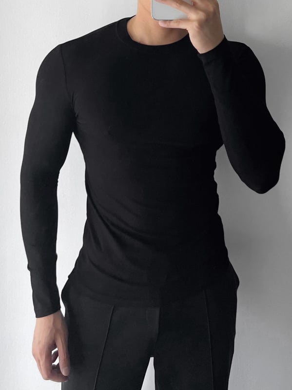 Tricou bărbați cu mânecă lungă, țesătură ribată, guler rotund, strat de bază elastic pentru sport și casual